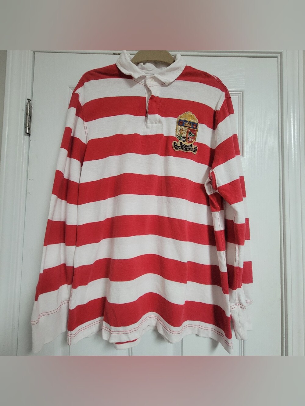 Vintage Polo Ralph Lauren Rugby Shirt Red White Stripe PRLYC Size XL.